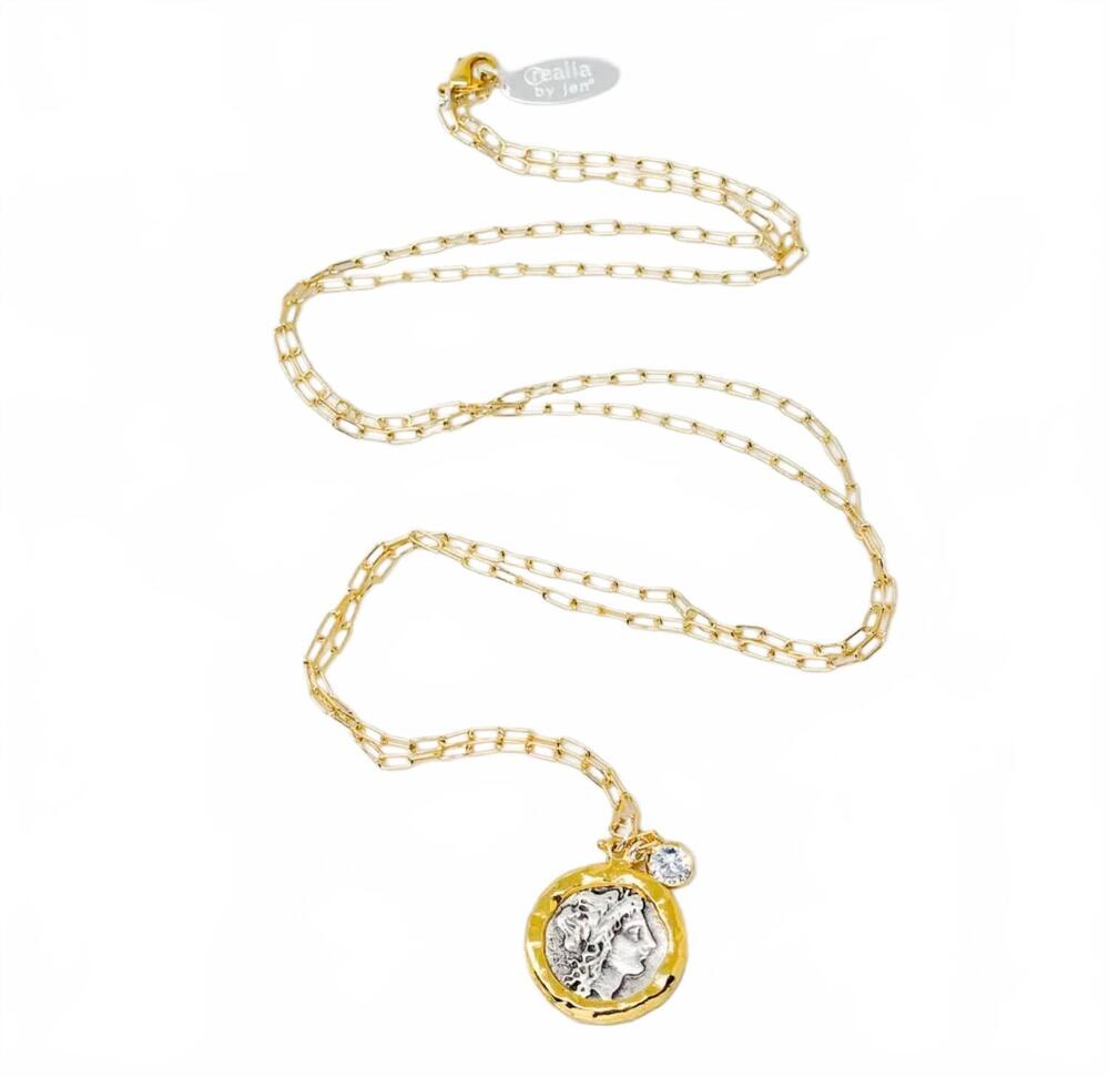 NEW REALIA BY JEN women's greek coin necklace in gold